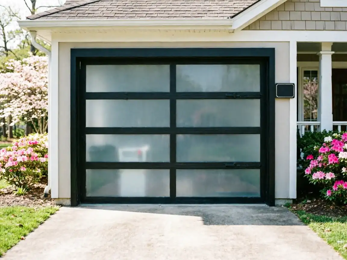 A modern black garage door with frosted glass panels on a house.
