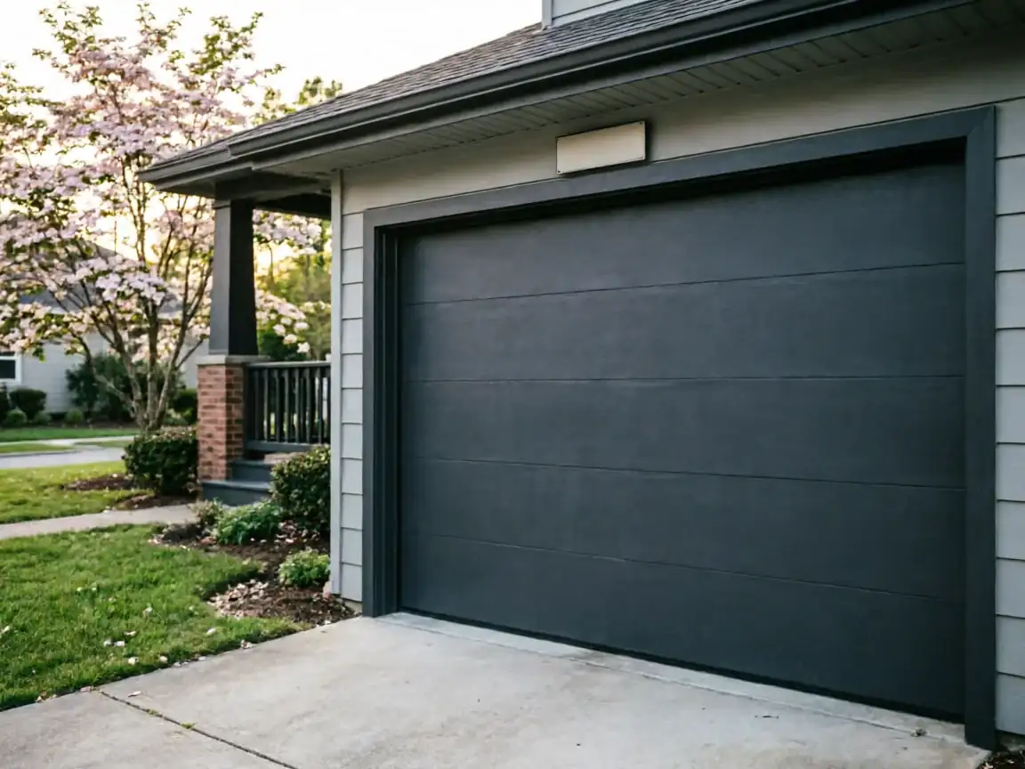 A dark gray garage door is on a house with light gray siding.