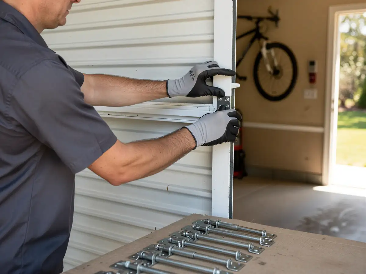 A technician in gloves installs a white garage door panel.